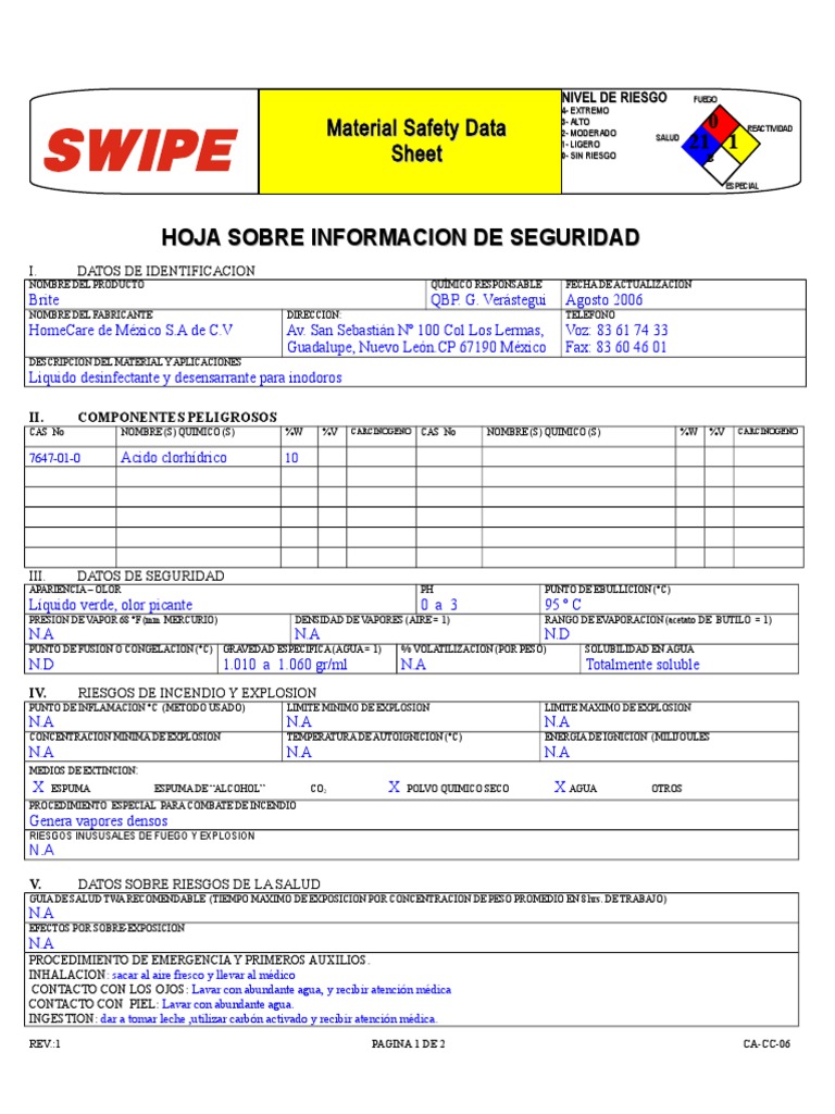 Hoja Seguridad Brite SWIPE | PDF | Propiedades termodinámicas. | Ramas ...