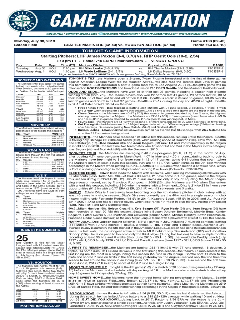 07.30.18 Game Notes | PDF | Major League Baseball | Baseball Pitching