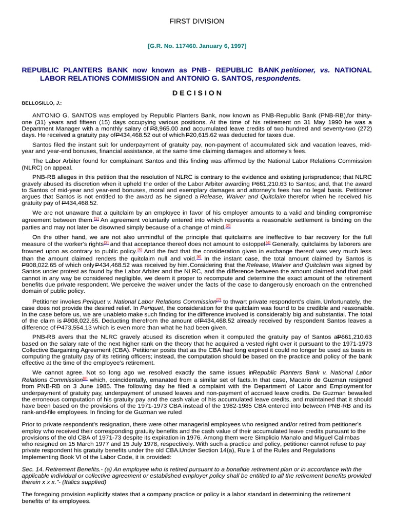 Republic Planters Bank v. NLRC, G.R. No. 117460 PDF Gratuity