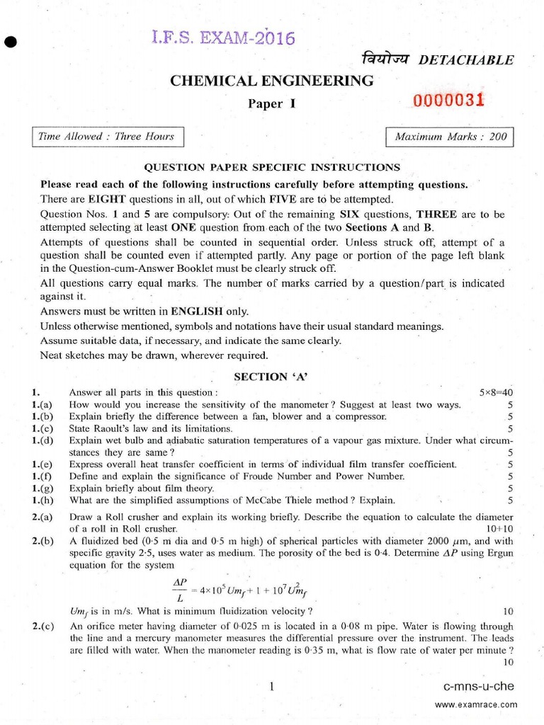 I.F.S. Chemical Engineering Exam 2016 | PDF | Chemical Reactor | Chemistry