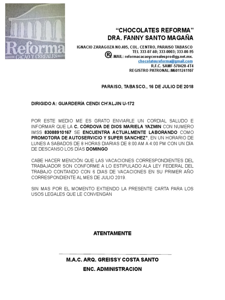 Ejemplo De Carta Patronal Para Guarderia Del Imss 