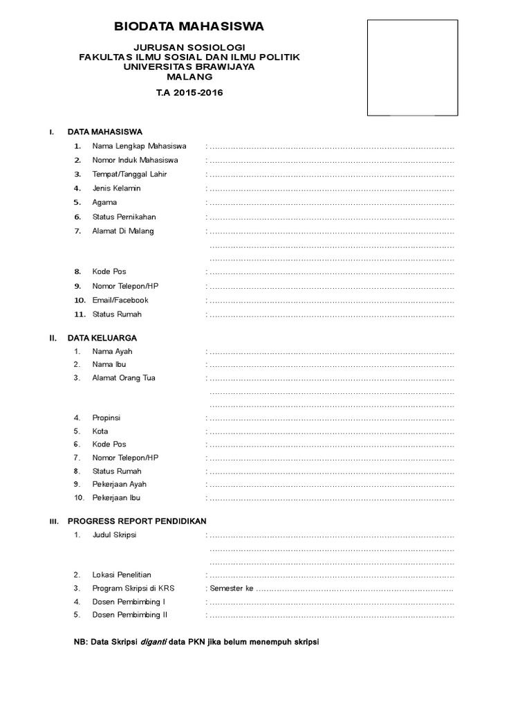 Form Biodata Mahasiswa Pdf