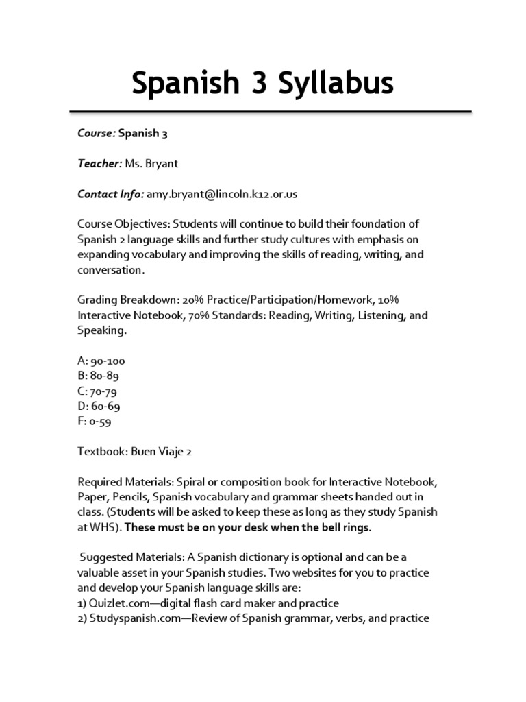 Spanish 3 Syllabus Revised PDF Homework Classroom