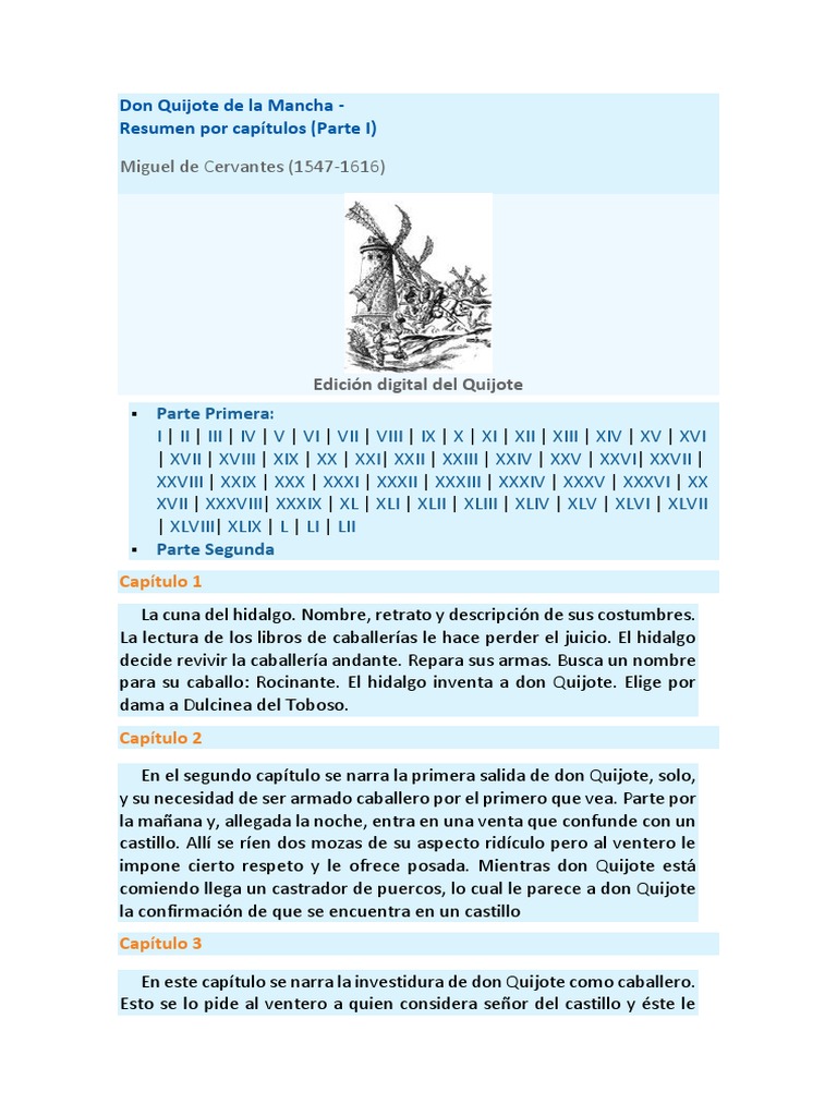 Resumen del Quijote por capítulos | PDF | Don Quijote | Miguel De Cervantes