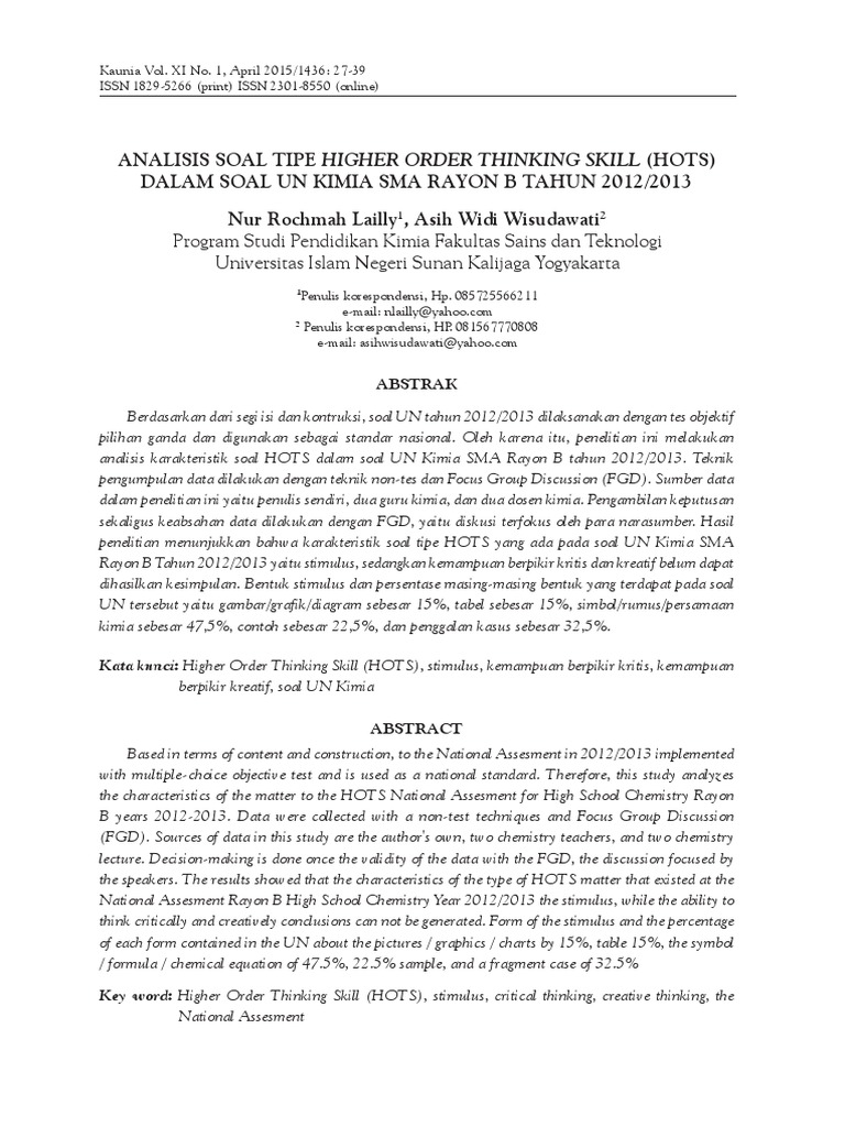 2015 Analisis Soal Tipe Higher Order Thinking Skill (Hots PDF | PDF