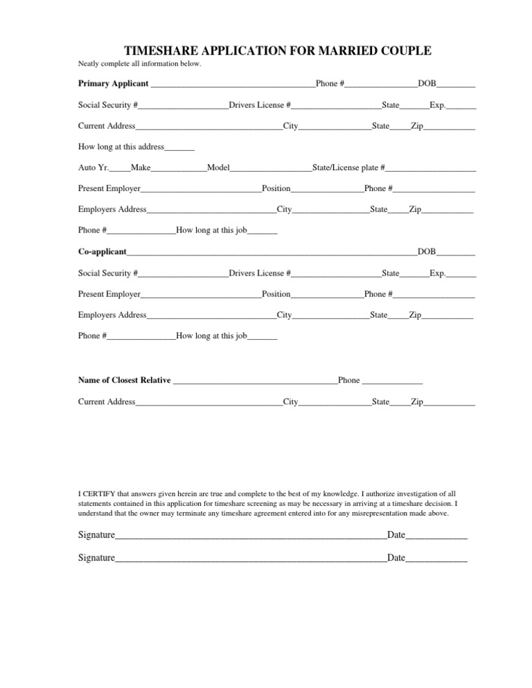 Timeshare Application for Couples | PDF | Finance & Money Management