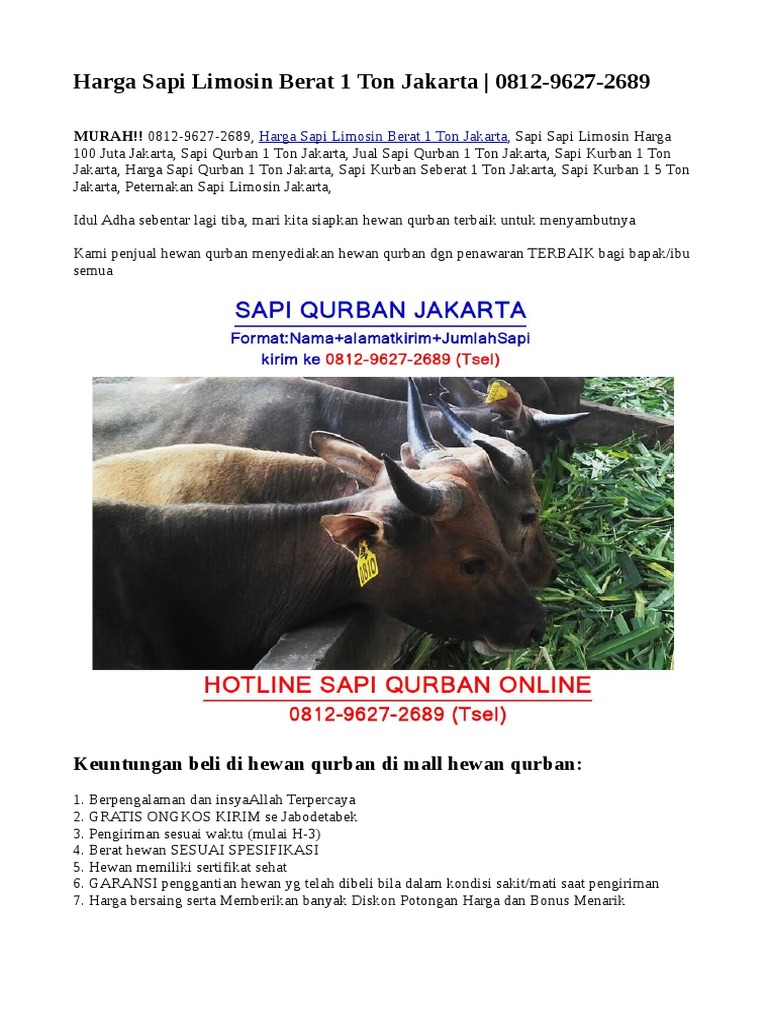 Harga Sapi Limosin Berat 1 Ton Jakarta 0812 9627 2689