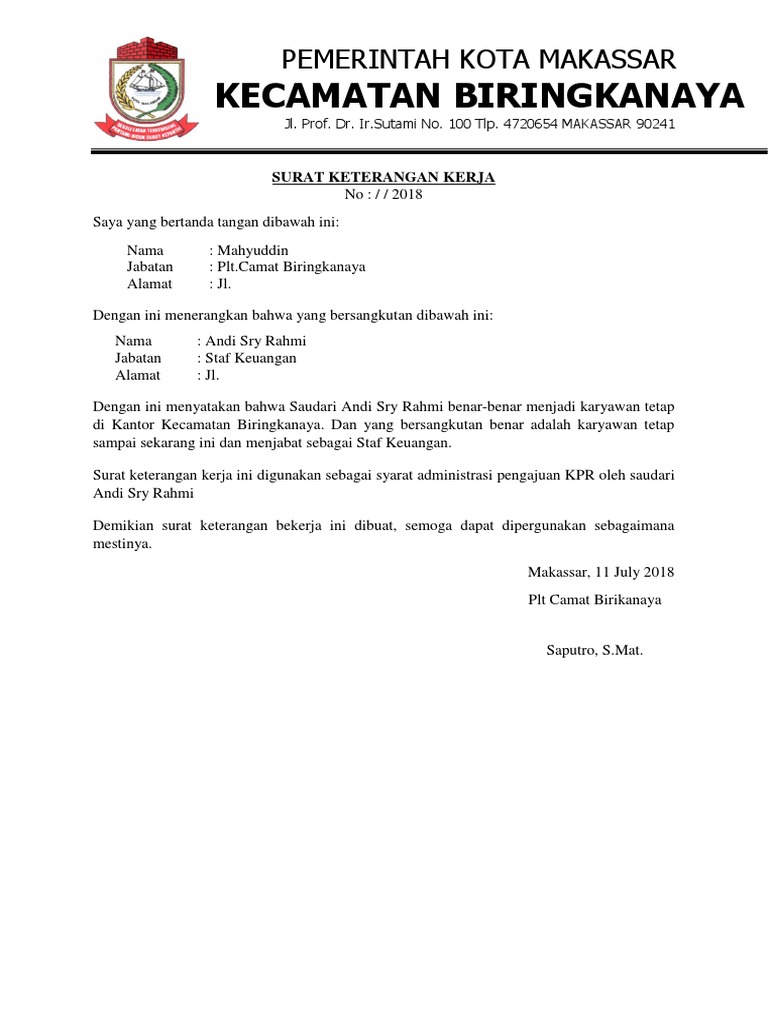 Surat Keterangan Kerja Untuk Pengajuan Kpr Kumpulan