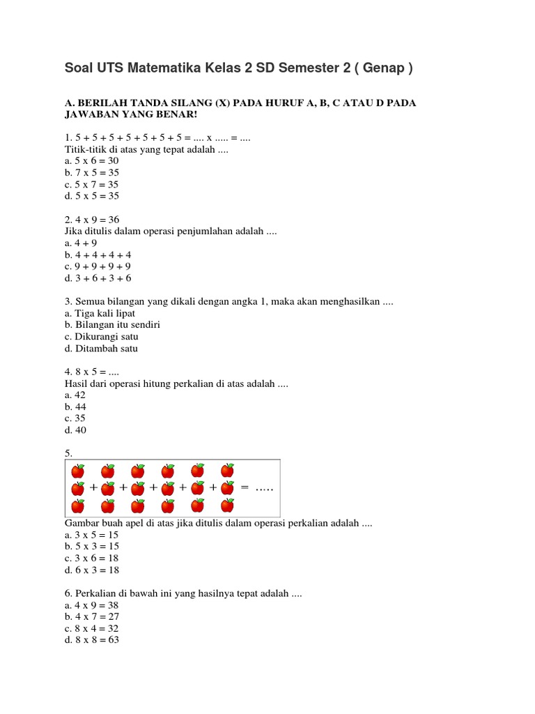 Soal Uts Matematika Kelas 2 Sd Semester 2 Docx