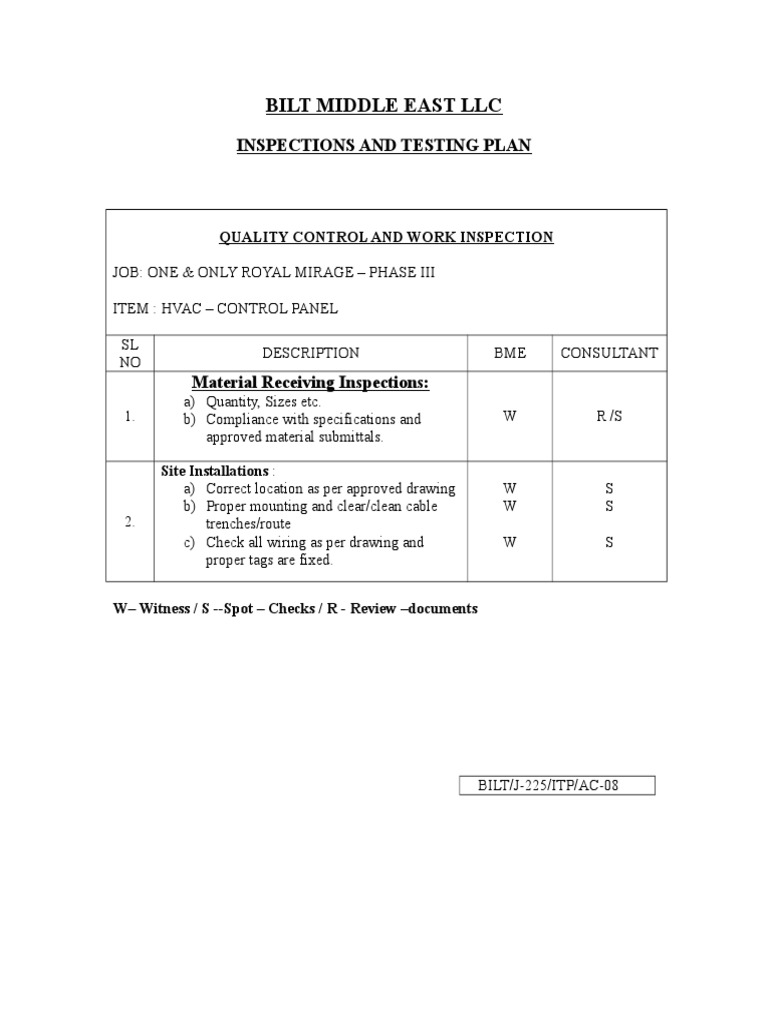 BILT Middle East LLC Inspection Plan | PDF | Technology & Engineering