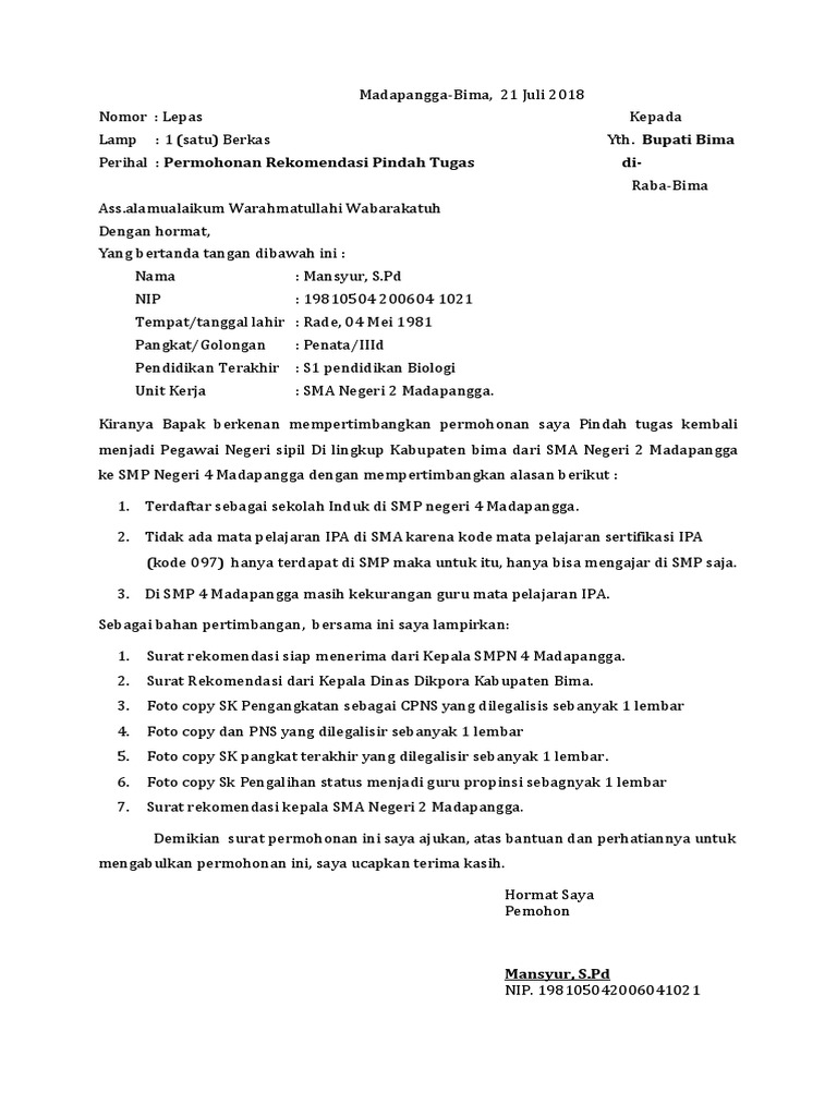Surat Permohonan Pindah Tugas Ke Bupati Pdf