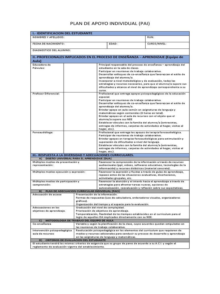 Plan de Apoyo Individual Evaluación Aprendizaje