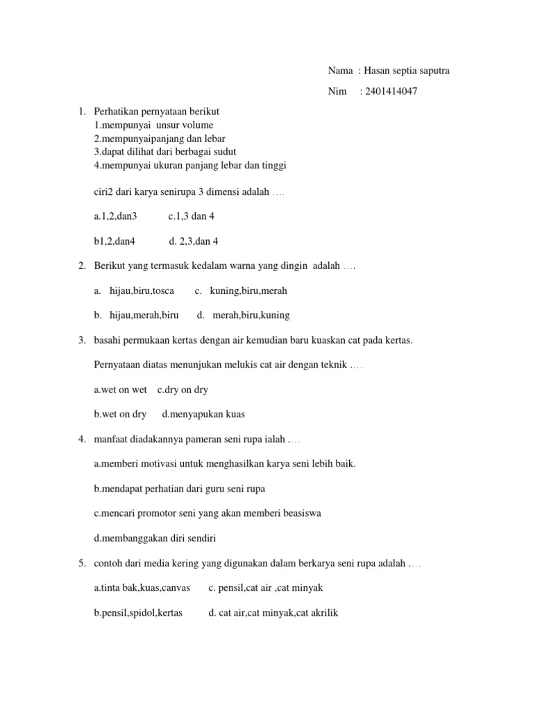 Kumpulan Soal Pilihan Ganda Tipe Hots Smp Seni Rupa