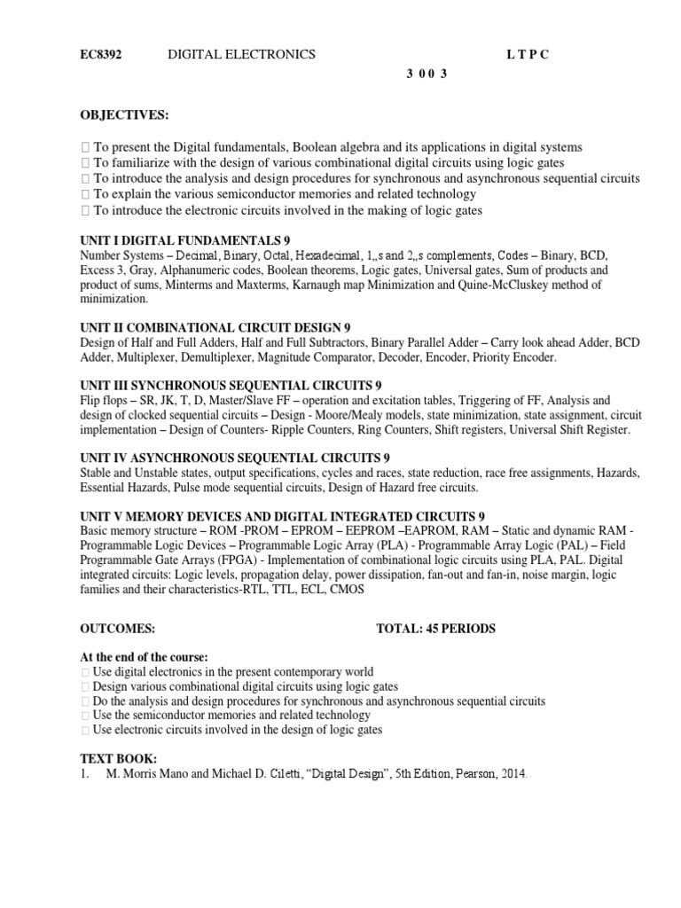 Ec8392 Digital Electronics Syllabus PDF Digital Electronics Logic