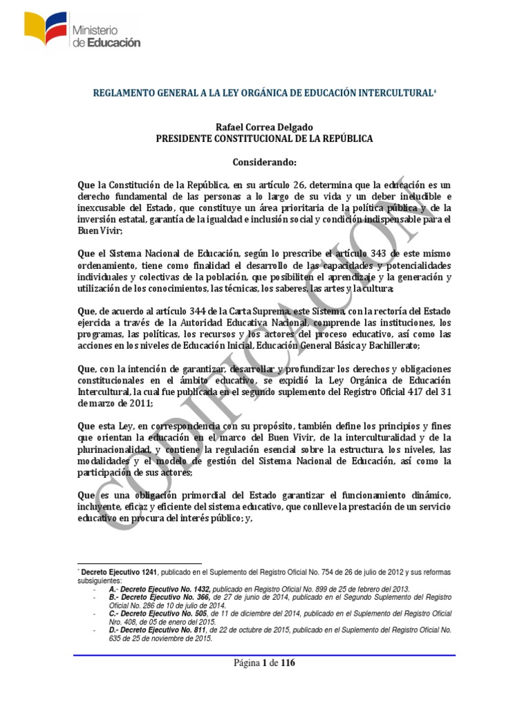 Reglamento General A La Ley Orgánica de Educación Intercultural PDF ...