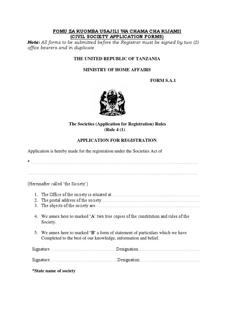 Fomu za Usajili wa Chama Kijamii | PDF | Government Information | Virtue