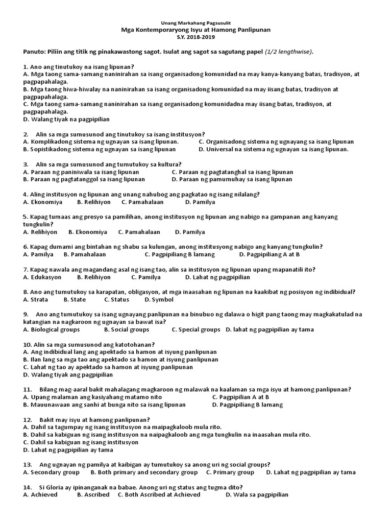 2018 2019 unang markahang pagsusulit kontemporaryo grade 10 pdf