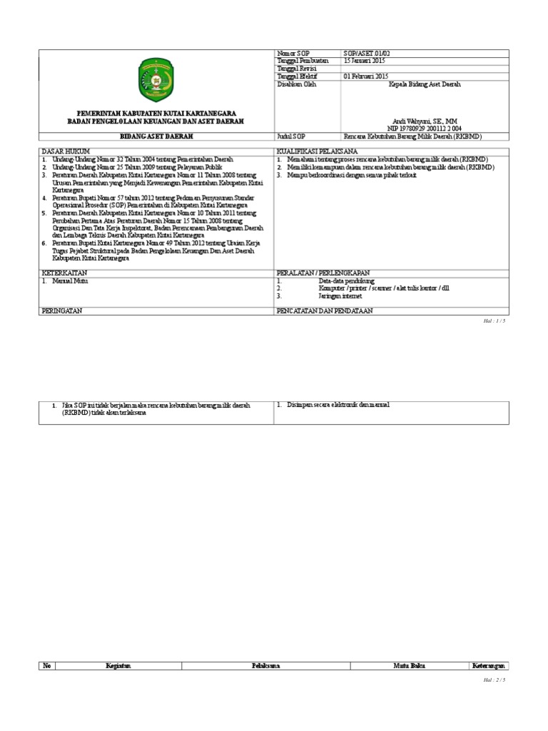 5.1 SOP ASET.01 02 Rencana Kebutuhan Barang Milik Daerah (RKBMD) | PDF