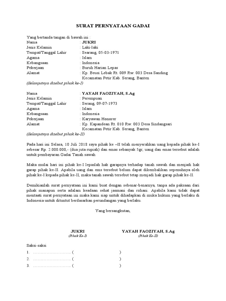 Surat Pernyataan Gadai