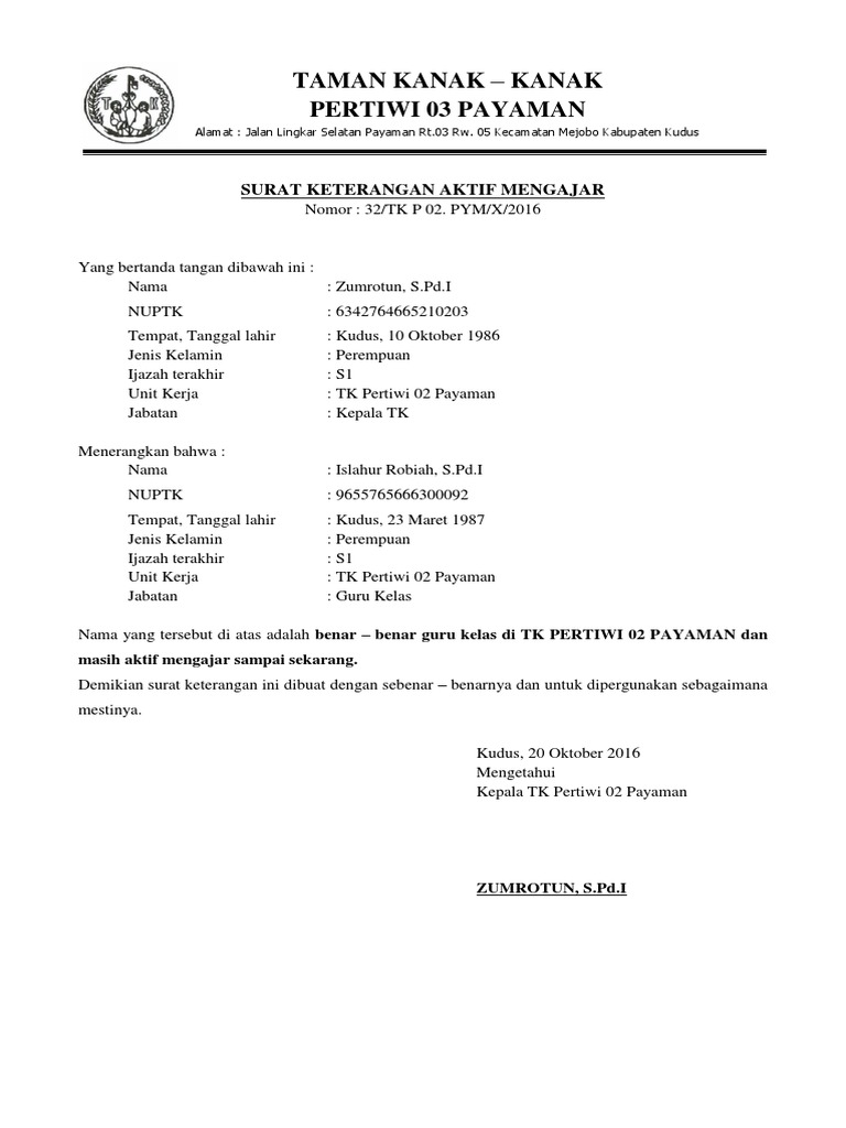 Contoh Surat Aktif Mengajar Tk Nusagates