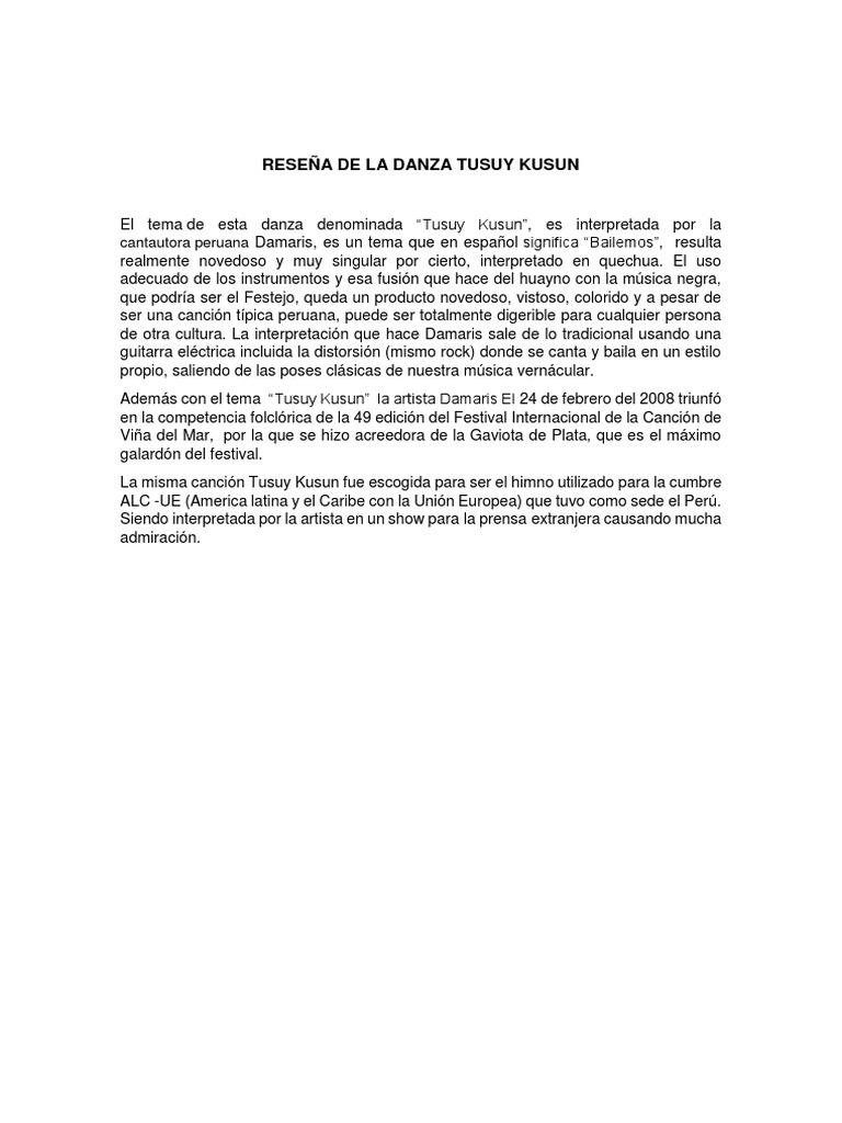 Resena De La Danza Tusuy Kusun Pdf Musica Latinoamericana Entretenimiento