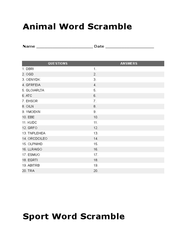 Animal Word Scramble | PDF | Organisms | Leisure