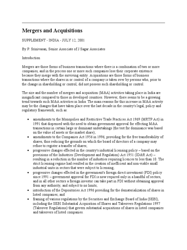 Legal Framework for Mergers in India | PDF | Mergers And Acquisitions ...