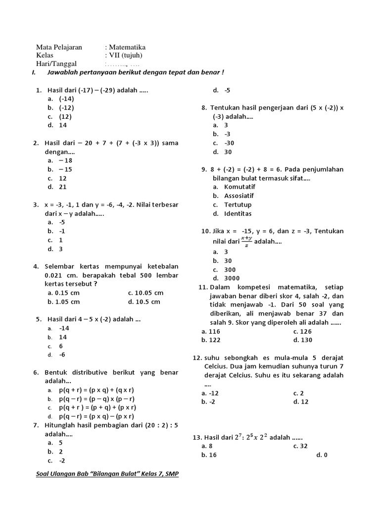 359132514 Soal Ulangan Harian Bab 1 Bilangan Bulat