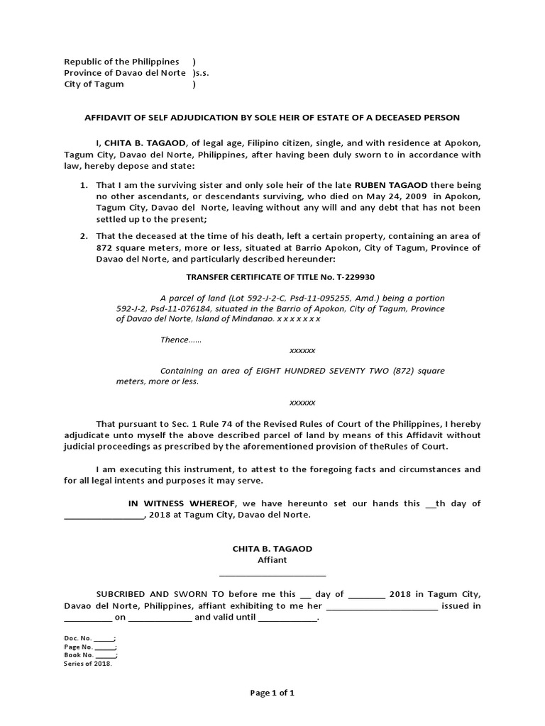 Affidavit of Self Adjudication by Sole Heir of Estate of A Deceased