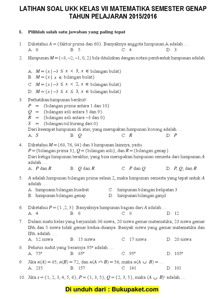 Soal Ukk Matematika Kelas 7 Smp Pdf