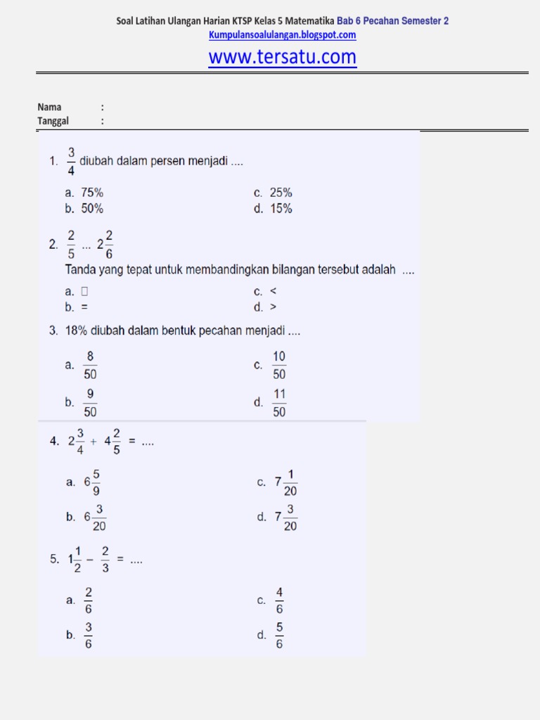 Soal Ulangan Harian Matematika Ktsp Kelas 5 Bab 6 Pecahan Semester