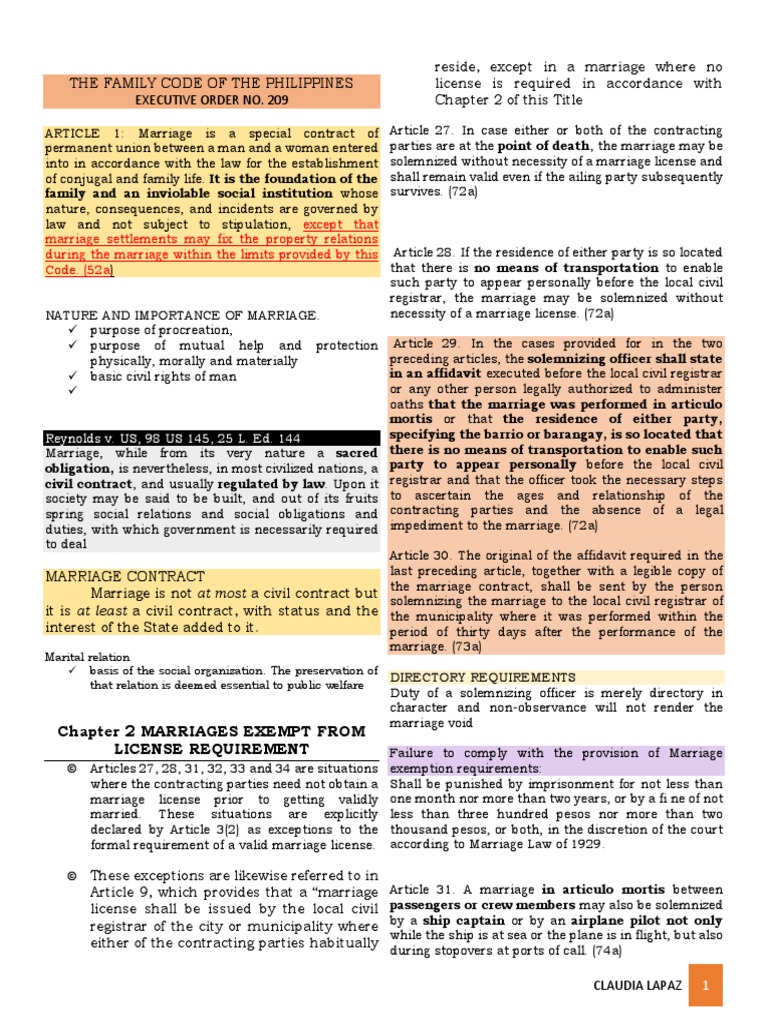 Family Code of the Philippines Overview | PDF | Marriage | Annulment