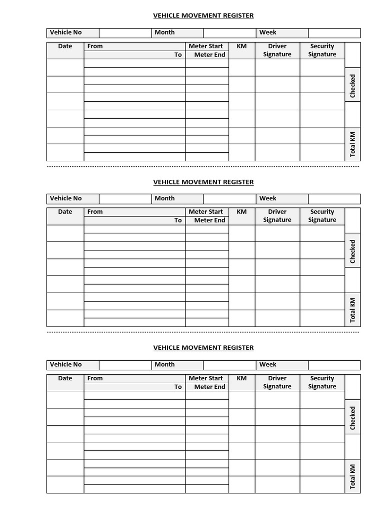 Vehicle Movement Register PDF Vehicles Wheeled Vehicles