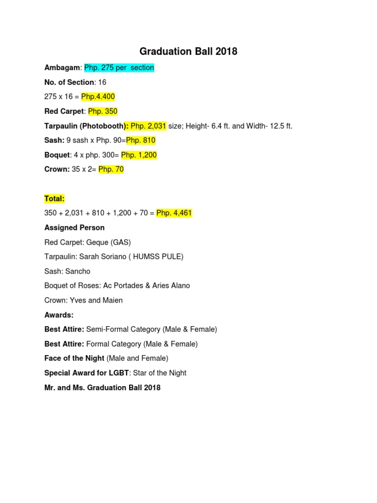 Graduation Ball 2018 Awards and Costs | PDF | Sports & Recreation