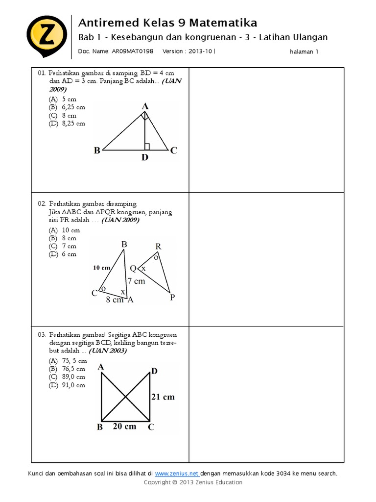 Soal Dan Pembahasan Kesebangunan Dan Kekongruenan Kelas Ix Smp