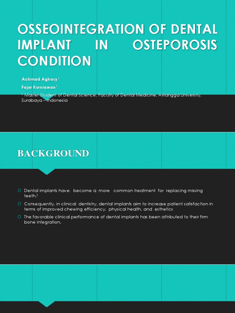 Osseteointegration of Dental Implant | PDF | Bone | Osteoporosis
