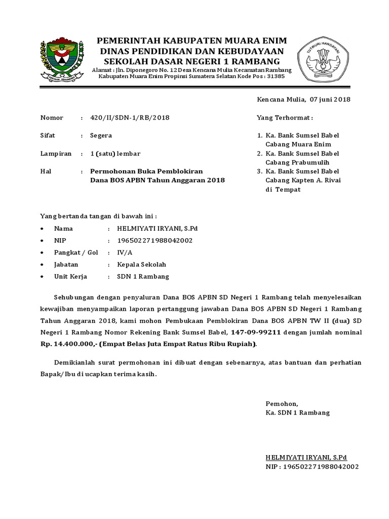 Surat Permohonan Buka Blokir Dana Bos 2018 Docx