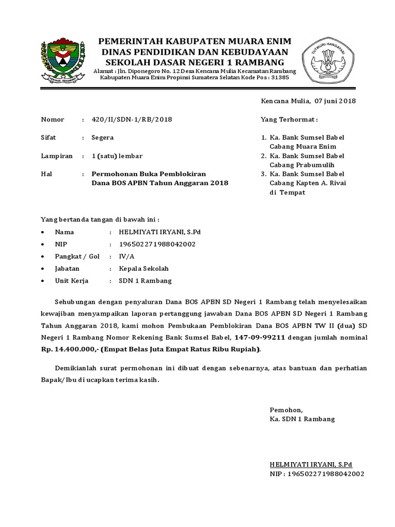 Surat Permohonan Buka Blokir Dana Bos 2018