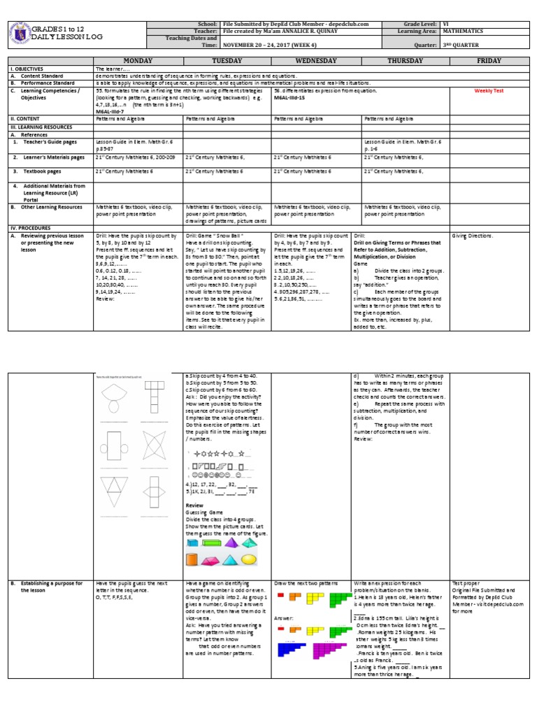 Math 6 Q3 W4 Lesson Plan | PDF | Subtraction | Equations