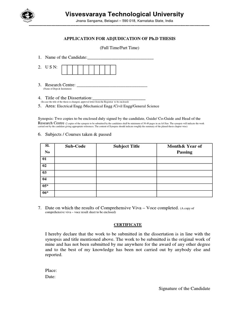 VTU Ph.D. Thesis Adjudication Application | PDF | Thesis | Qualifications
