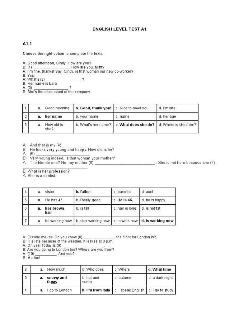 A1 Level English Test PDF | PDF