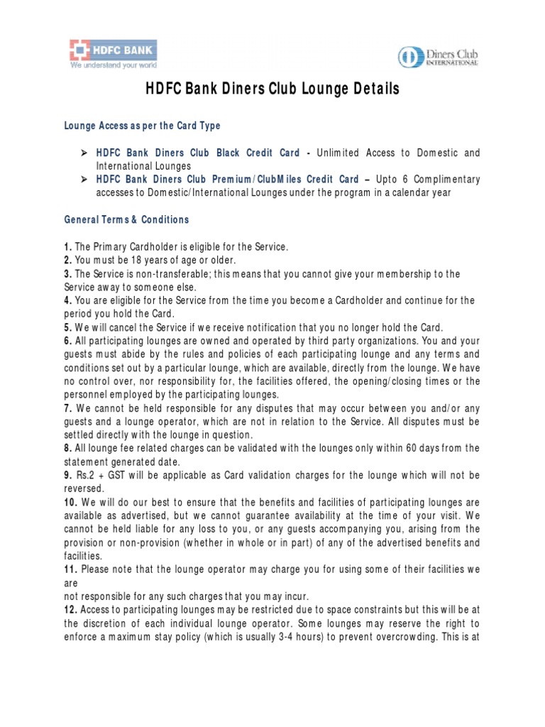 Hdfc Bank Diners Club Domestic Lounge Details T C Pdf Airport