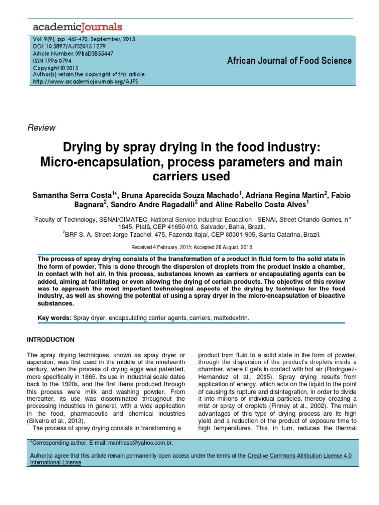 Drying by Spray Driying in Food Industry Microencapsulation Processs
