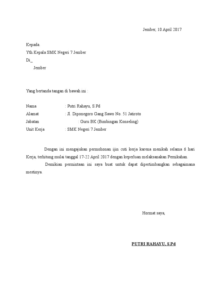 Contoh Surat Izin Cuti Kerja Karena Menikah Dapatkan Contoh