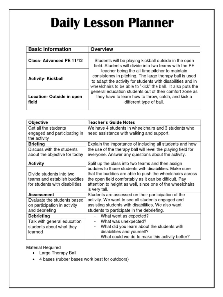 kickball lesson plan Wheelchair Teachers