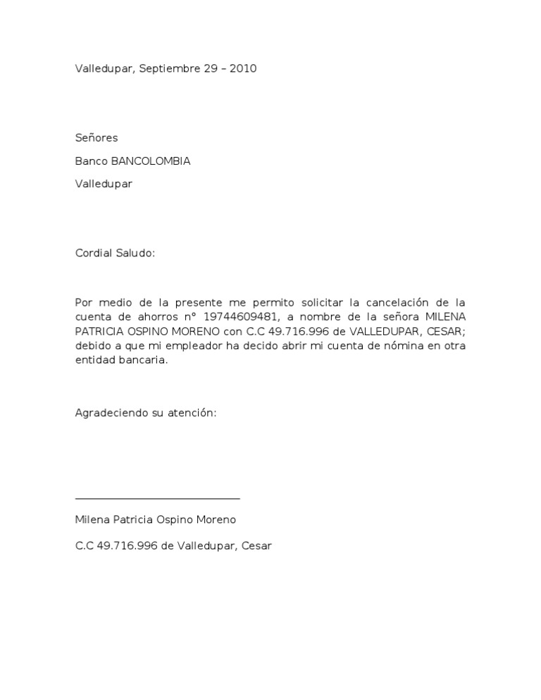 Carta de apertura de cuenta corriente bancolombia