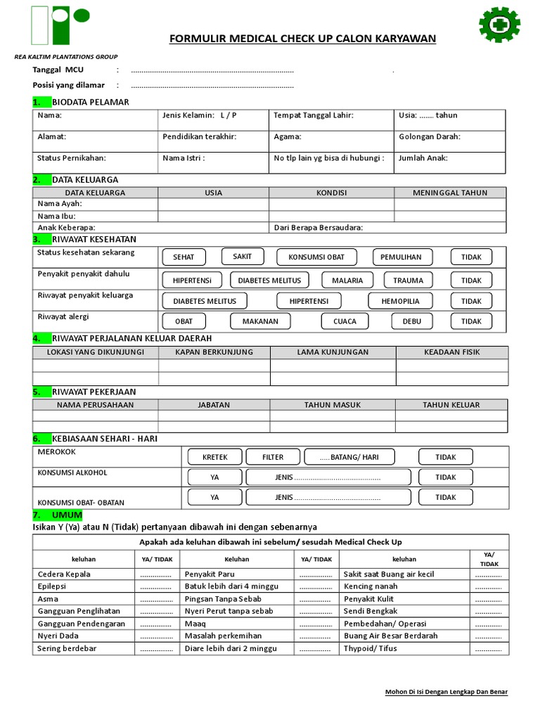 Formulir MCU Calon Karyawan | PDF