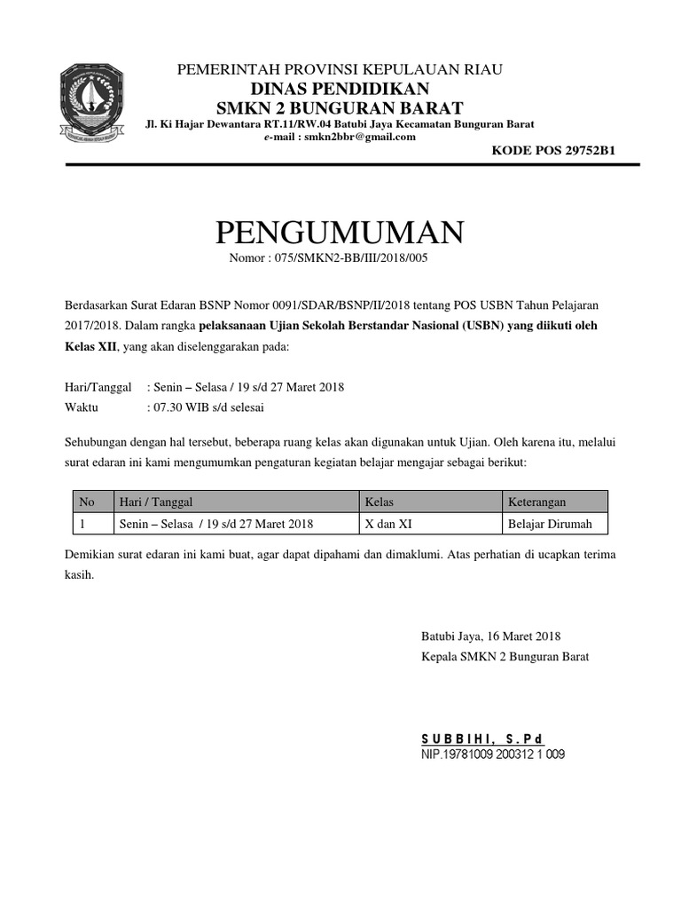 Contoh Surat Edaran Sekolah Pengumuman Libur Karena Ujian Sekolah Pdf