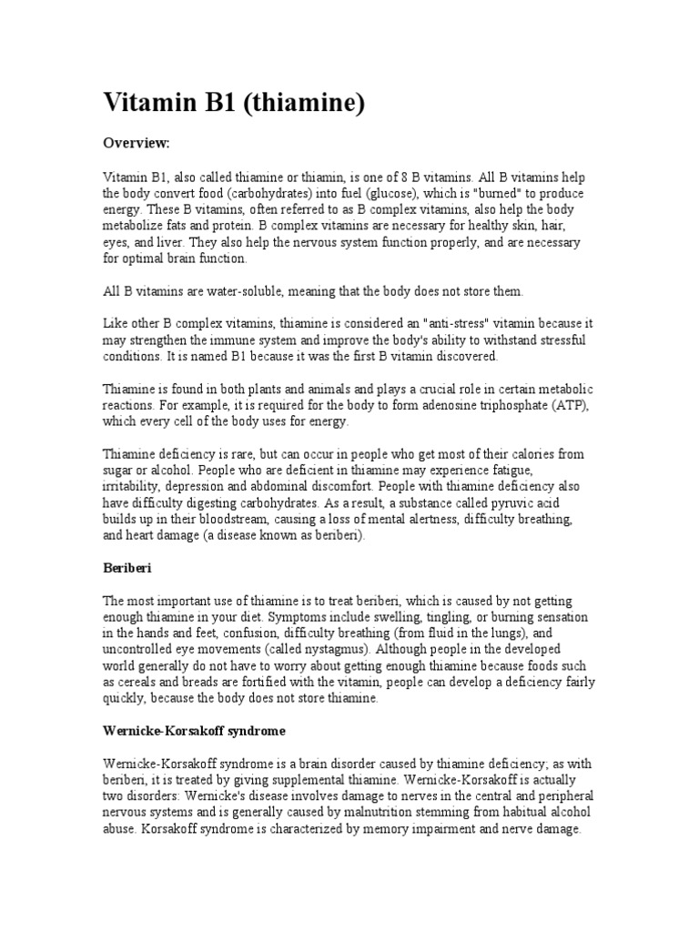 Vital Vitamin B1 Functions, Deficiency, Dietary Sources, and Supplement Information PDF