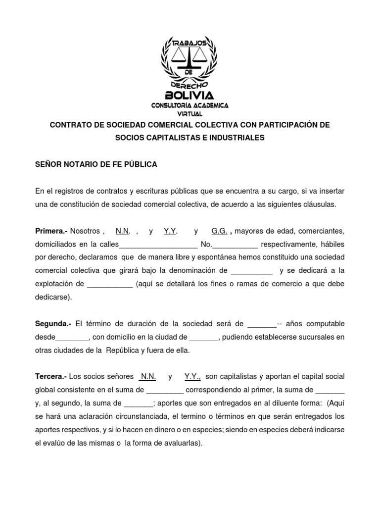 MODELO DE Contrato de Sociedad Comercial Colectiva Con Participación de  Socios Capitalistas e Industriales | PDF | Sociedad de responsabilidad  limitada | Sociedad